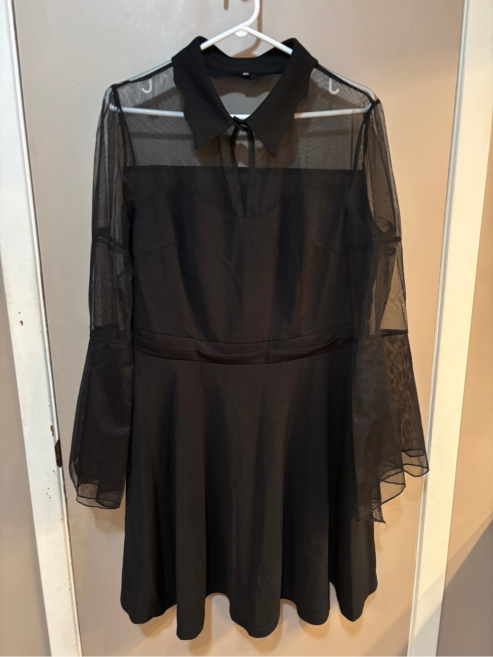 Sheer Sleeve Black Fit-and-Flare Dress with Collar - gothic, Halloween, witch,